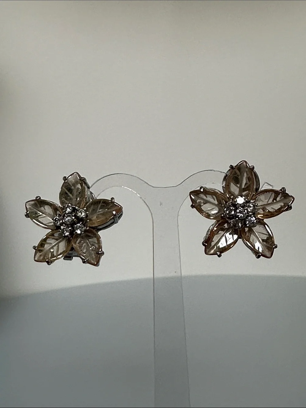 Sterling Silver Petal Citrine Floral Stud Earrings in Champagne Gold Tone